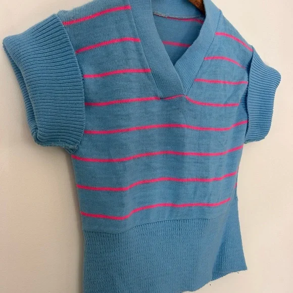 Vintage Blue and Pink Striped Knit Crop Top xs - Picture 5 of 10